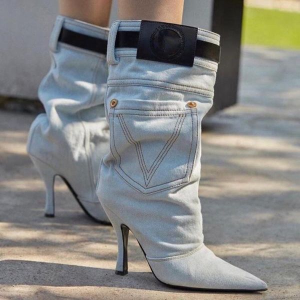 

boots 2021 summer fashion blue denim jeans mid-calf stilettos heels women's large size white, Black