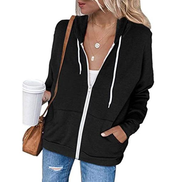 

women's hoodies & sweatshirts clothing girl casual autumn winter hooded sweater with drawstring pockets zipper cardigan jacket, Black
