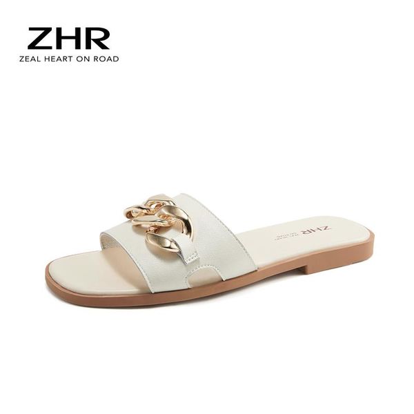 

slippers 2021 women leather square toe metal decoration flat fashion casual open toesummer slide designers beach shoes, Black