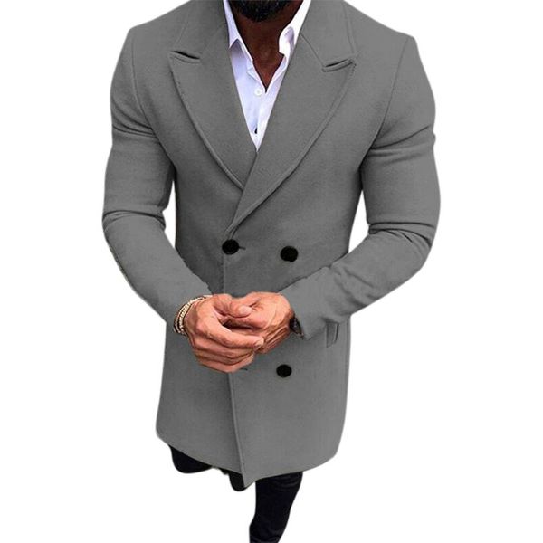 

mens coat slim fit long wools trench outerwear double breasted lapel jacket outwear cardigan winter warm solid overcoat men's wool & bl, Black