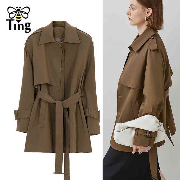 

designer turn down collar short style trench coat women winter street chic jacket out outerwear with belt classic za 210513, Tan;black