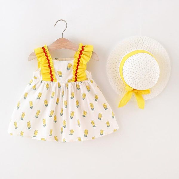 

girl's dresses toddler kids girls summer dress and hat outfits infant baby ruffle pineapple princess dress+hat, Red;yellow