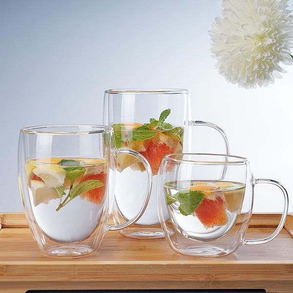 

wine glasses creative double-layer glass simple coffee cup with handle transparent breakfast milk flower tea