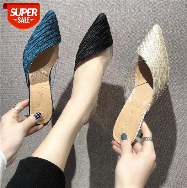 

square heel high slippers women 2019 spring summer shoes fashion wild baotou gingham microfiber casual ladies #rr91, Black