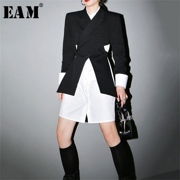 

[eam] women black cross split joint blazer lapel long sleeve loose fit jacket fashion spring autumn 1t447 211112, Black;brown