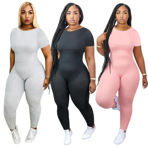 

tmustobe solid color jumpsuit fitness outdoor leisure middle waist overalls womans fashion short sleeve round neck rompers women's jump, Black;white