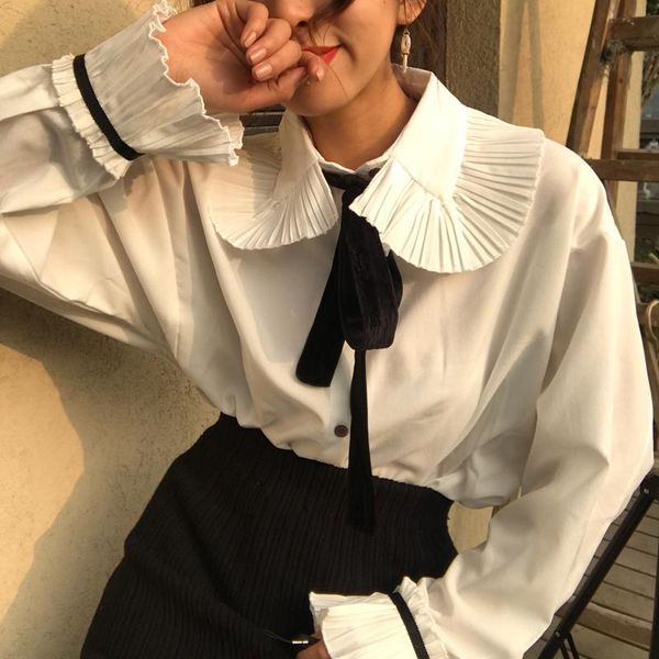 

women's blouses & shirts pleated ruffle flare long sleeve chiffon blouse women clothes spring autumn korean fashion lace-up white loose