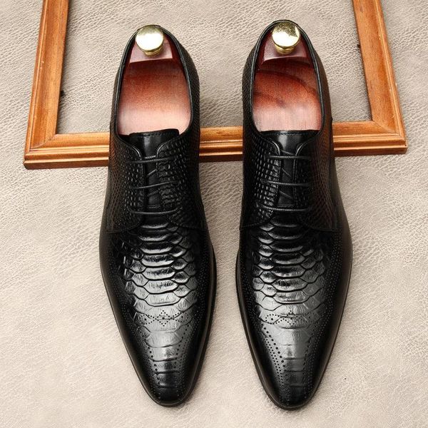 

dress shoes men's british pointed toe alligator pattern genuine leather carved business oxford wedding men g44, Black