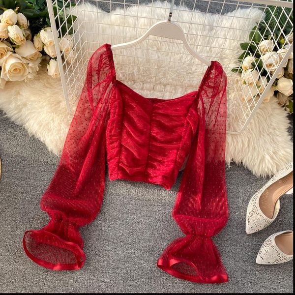 

womens shirts chic sweet polka dot print mesh long flare sleeve pleated slim short women square neck elegant and, White