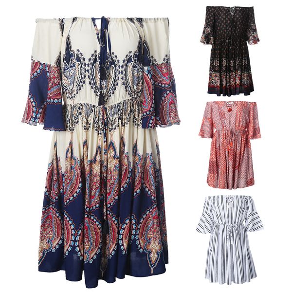 

bohemian butterfly sleeve off shoulder women dress boho slash neck elastic sashe woman printed party holiday summer dresses, Black