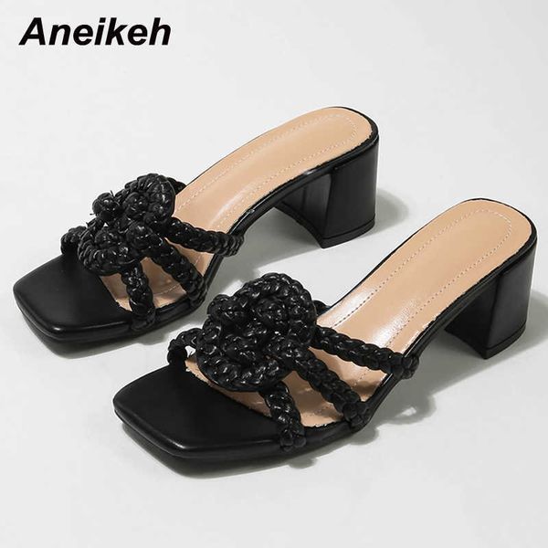

aneikeh summer fashion women slippers pu square heels rome ladies shoes leisure sewing slides solid outside classics shallow 210615, Black