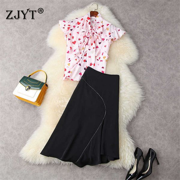 

women's summer dress suit fashion designer bow collar print shirt asymmetrical skirt 2 piece clothing matching set ol outfit 210601, White