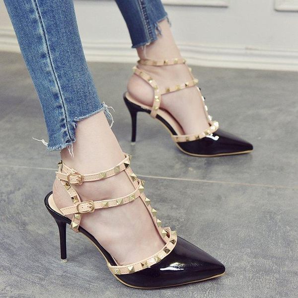 

sandals 2021 rivet pointed women high heels thin heel fashion nude bandage roman style, Black
