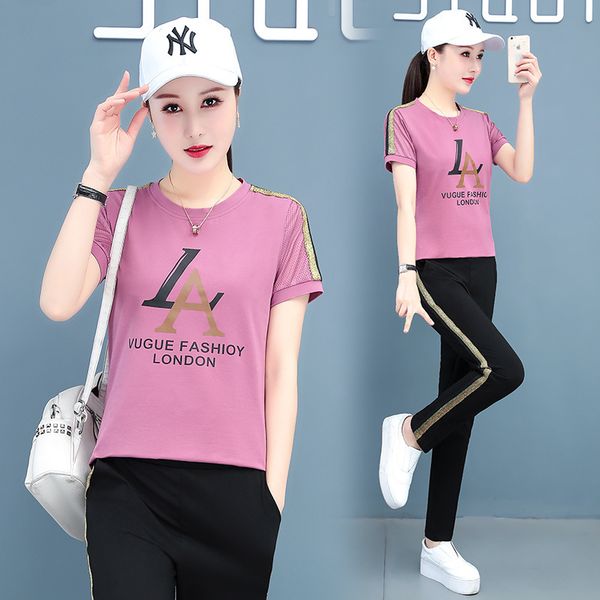 

tracksuits sport suit 2021 summer leisure style sports women's fashion slim letter short sleeve t shirt pants two piece set, Gray