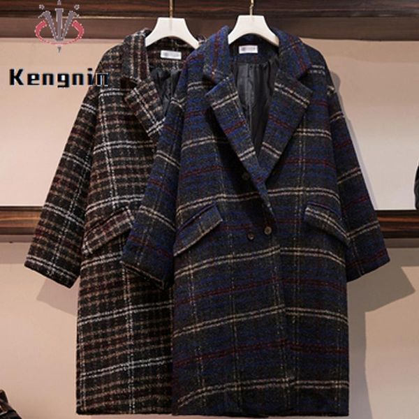 

women's wool & blends thick wool&blends women jackets winter plaid blazers overcoat loose plus size 4xl female outerwear pockets lady c, Black