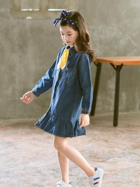 

girl's dresses girls fashion denim 2021 spring fall korean children's long sleeve princess dress kids casual one piece clothes b83, Red;yellow