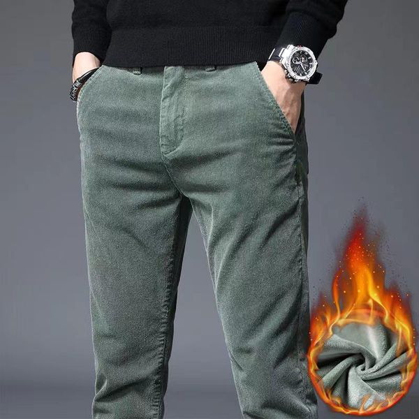 

men's pants winter warm corduroy casual men fleece thickening korean fashion slim stretch trousers all-match, Black