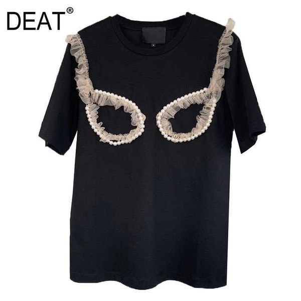 

[deat] women round neck splicing net yarn short sleeve beadeding t-shirt fashion summer 13d094 210527, White