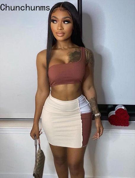 

skirt two pieces set womens tracksuits summer fitness one shoulder tank and mini skirts matching birthday holiday sweatwear, Gray