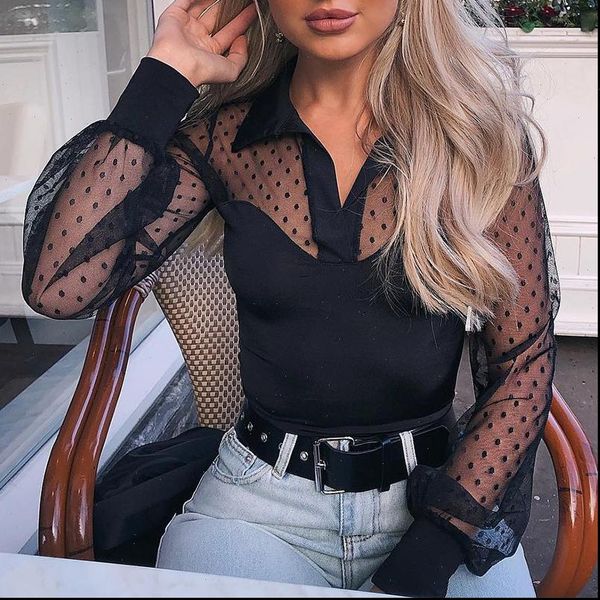 

elegant fashion black patchwork regular women shirts casual brief dot sheer mesh yoke blouse, White