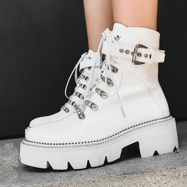 

boots genuine leather fashion ankle women thick high heels platform autumn winter zipper motorcycle ladies shoes, Black
