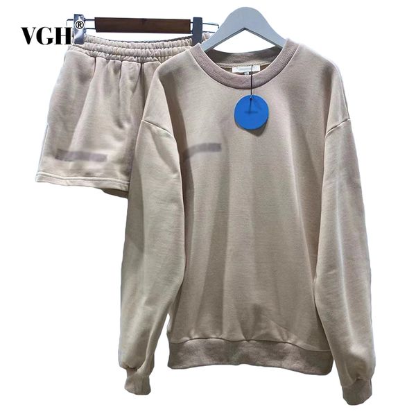 

vgh solid loose two piece set for women o neck long sleeve sweatshirt high waist wide leg shorts casual white sets female new 210421