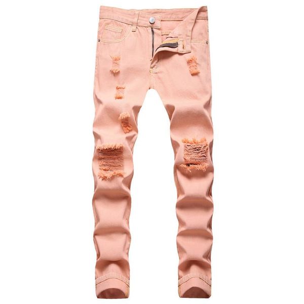 

men's jeans 2021 loose pink straight ripped casual, Blue
