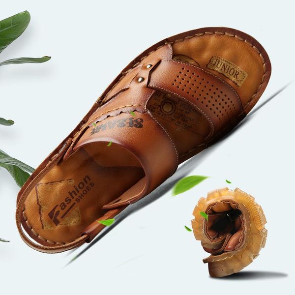 

sandals men's summer leather leisure beach shoes sapatos masculinos cowhide fashion slipper cattle brand men, Black