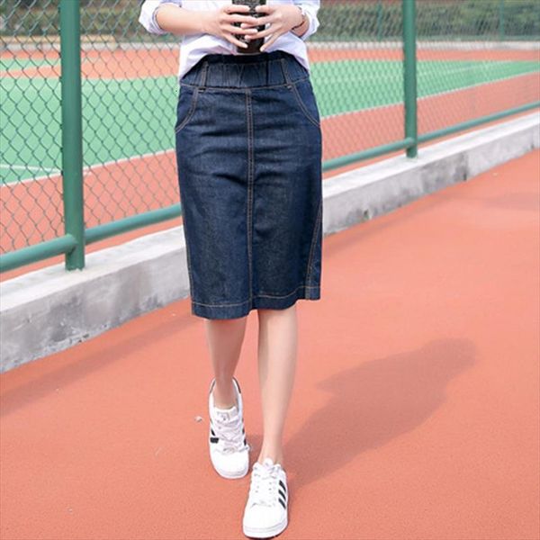 

all match elastic waist womens skirts bag hip mid length denim summer split, Black
