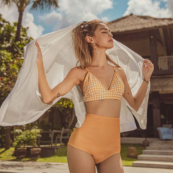 

bikini new women's split korean high waist plaid spring swimsuit, White;black