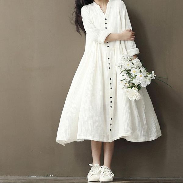 

casual dresses 2021 spring mori girl literary vintage dress cotton and linen bat sleeves long sleeve women big size loose, Black;gray