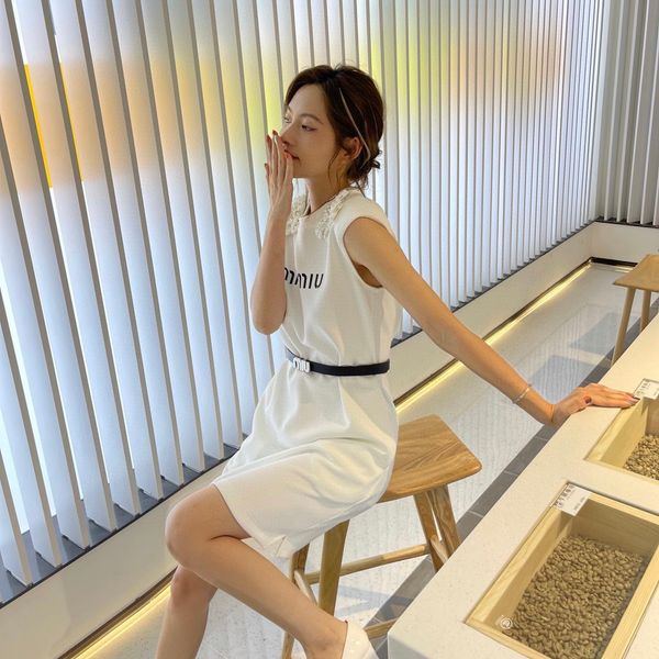 

brand miu home 2021 summer new dress women's bow nail bead printed belt slim waist sleeveless skirt, Black;gray