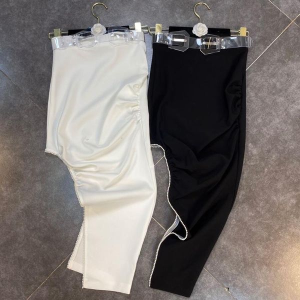 

spring double buckle transparent belt irregular skirt beaded temperament half 0306 skirts, Black