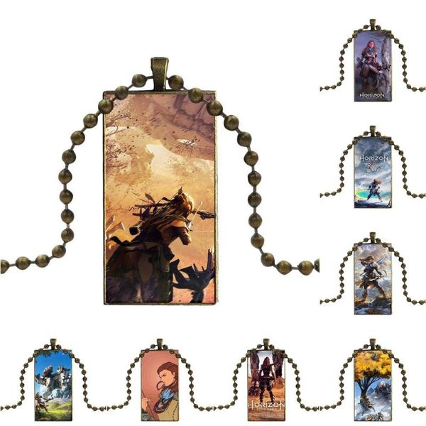 

glass cabochon choker pendant rectangle necklace bronze color jewelry for men women gift game horizon dawn aloy necklaces, Silver