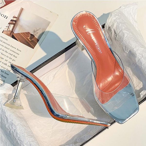 

summer lady slides cup heels fashion square toe transparent pvc high sandales sandals for women shoes slippers, Black