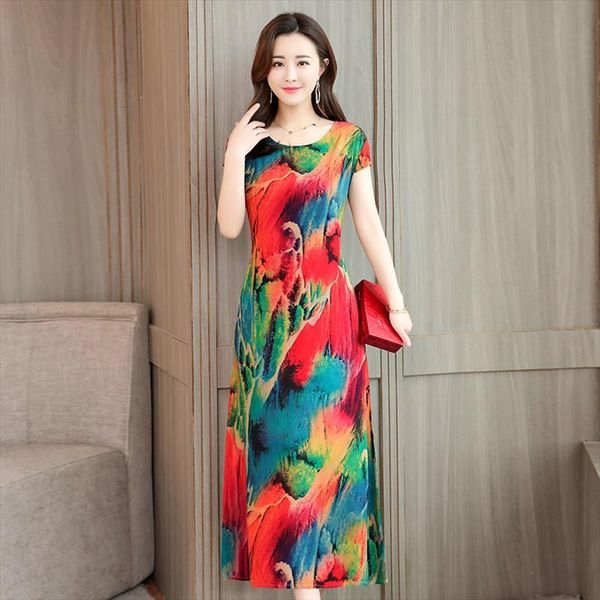 

spandex vintage floral striped womens dresses print short sleeve casual robe femme summer o neck straight natural mid calf, Black;gray
