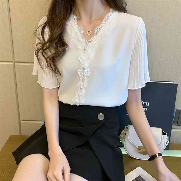 

summer lace patchwork shirt womens and blouses short sleevechiffon shirt women's lace v-neck blouse the 210507, White
