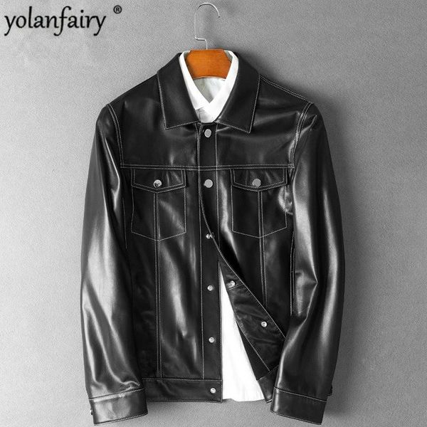 

men's leather & faux yolanfairy genuine jacket men real sheepskin bomber jackets spring autumn plus size 4xl 18076 mf600, Black