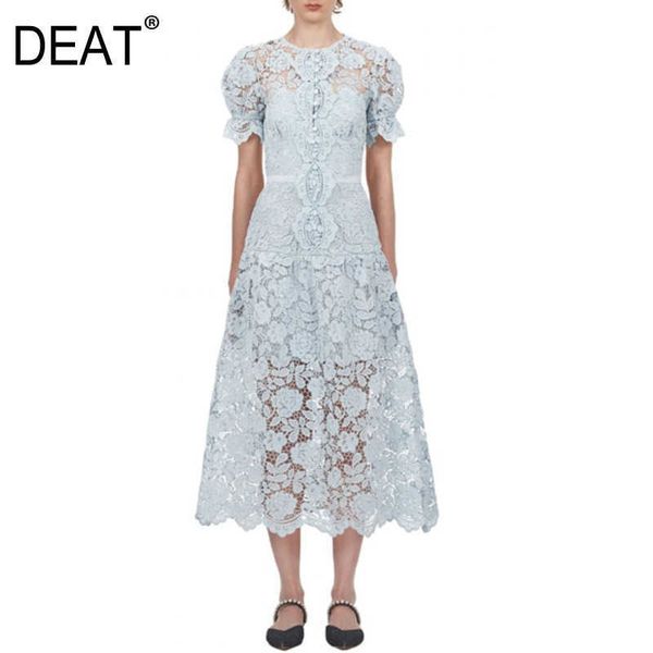 

[deat] women fashion round neck high waist knee-length hollow out short sleeve solid color dress summer 13c537 210527, Black;gray