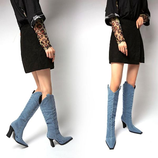 

boots 2021 spring autumn fashion denimknee high woman strange style heels pointed toe solid slip on shoes, Black