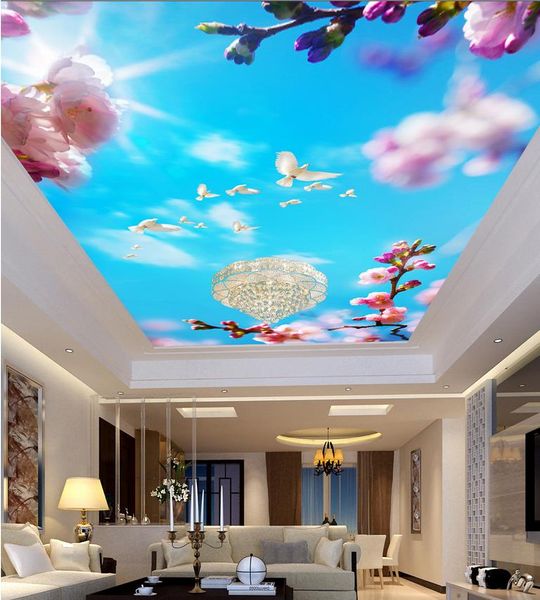 Costumi personalizzati Soffitti 3D Pesca Blossom Blue Sky Soffitto del soffitto del soffitto del soffitto 3D Sfondo murales del soffitto