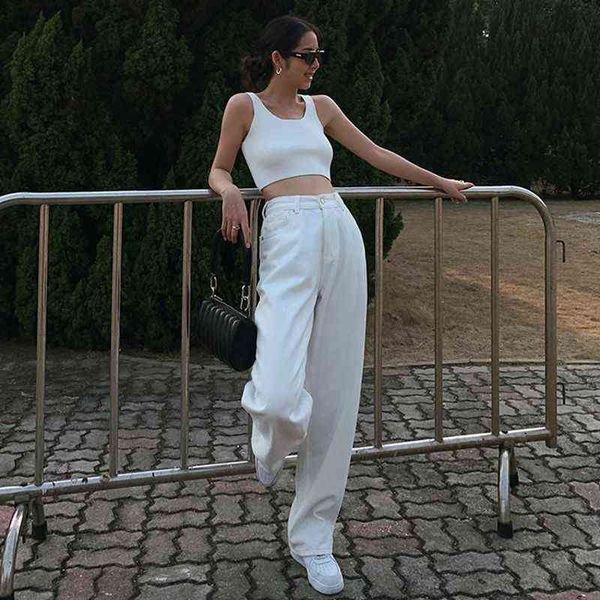

fashion white jeans for women high waist long streetwear trousers straight leg pants denim 211129, Blue