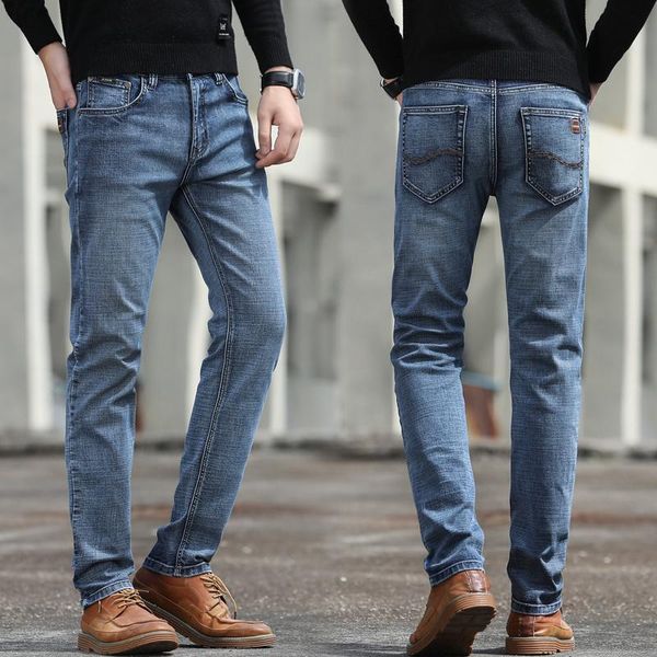 

men's jeans men's slim straight business casual pants autumn and winter stretch tide brand light gray, Blue