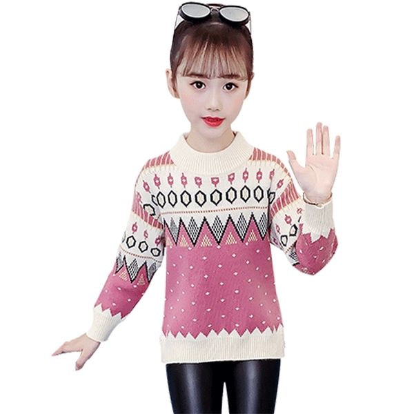 

girls sweaters floral pattern turtlenecks for casual style children's knitwear autumn winter girl clothes 6 8 10 12 14 210528, Blue