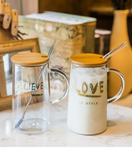 

nordic glass mug with spoon lid golden letter printing luxury transparent beer coffee juice cup creative water gift mm60blb wine glasses