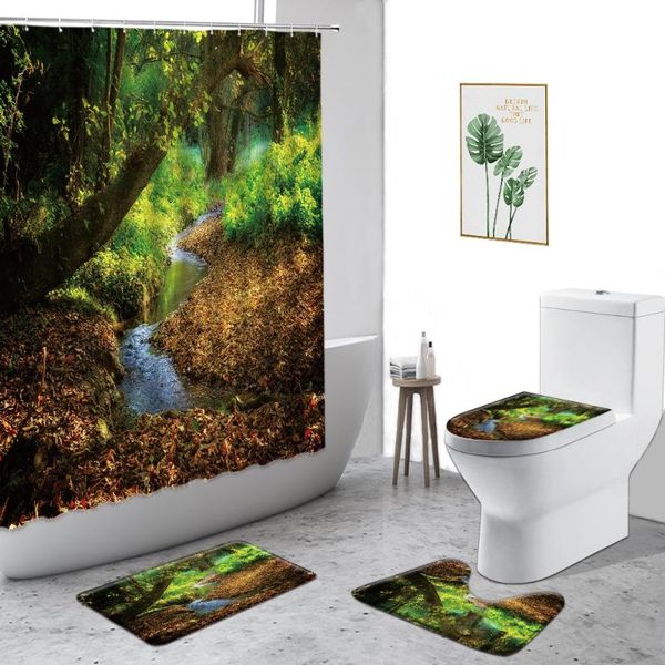 

shower curtains green forest scenery waterproof curtain autumn red bathroom decoration anti-slip carpet toilet cover door mat