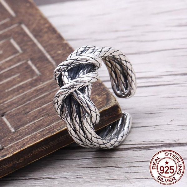 

cluster rings 925 sterling silver braided ring male japanese and korean personality trend retro hipster net red single open female index, Golden;silver