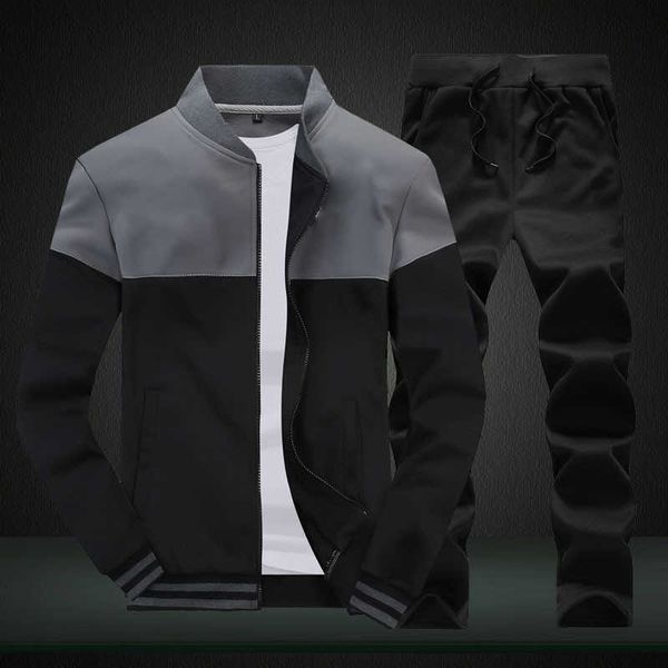 

men's tracksuits new men sets fashion sporting suit brand patchwork zipper sweatshirt sweatpants mens clothing pieces sets slim tracksu, Gray
