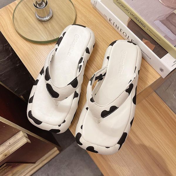 

slippers women 2021 summer fashion square toe outdoor beach chunky sole shoes casual platform flip flop leopard, Black