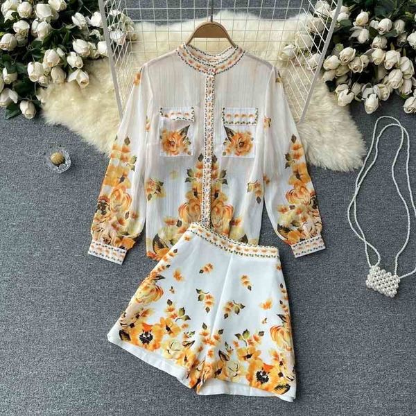 

summer thin long-sleeved shirt women all-match high-waist wide-leg shorts fashionable two-piece suit 210525, White